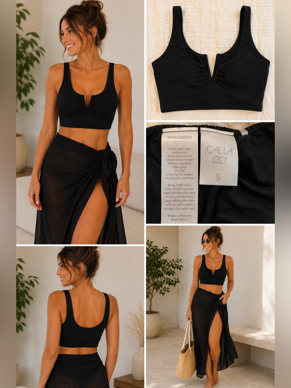 CALLA Black V-Neck Ribbed Bikini Top